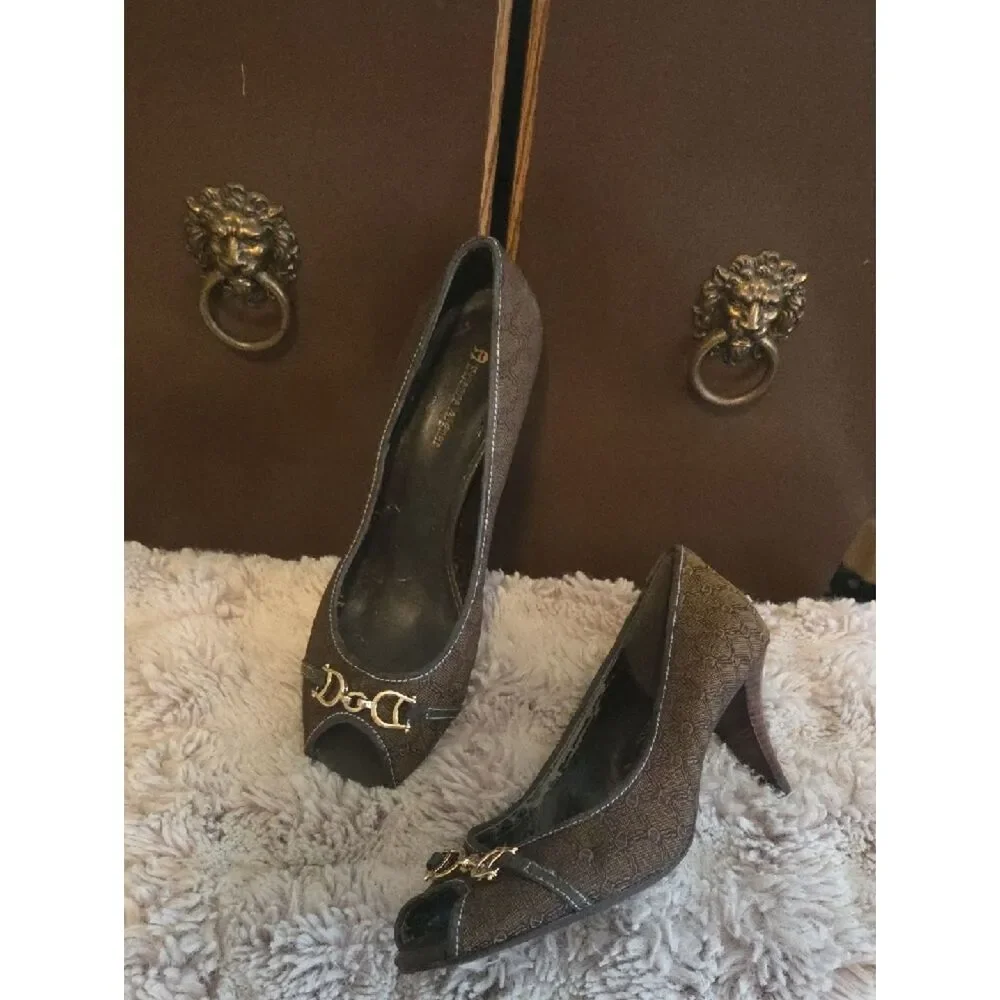 Etienne Aigner Brown Patterned Peep-Toe Heels with Gold Hardware